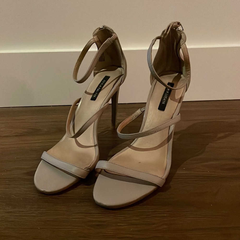 Nude leather strappy heels. Very sexy. Little zipper detail at back of heel